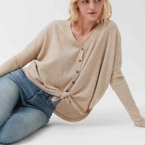 Urban outfitters Out From Under Beige Jojo Button Down Thermal Long Sleeve Shirt - Picture 1 of 6